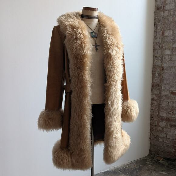 Vintage Tan Brown Suede Penny Lane Jacket Fur Furry Leather Trench Coat Small - Picture 5 of 13